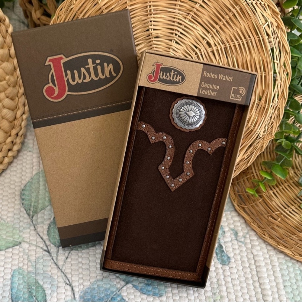 New Justin Men's Rodeo Wallet Brown Suede Genuine Leather RFID Checkbook Western